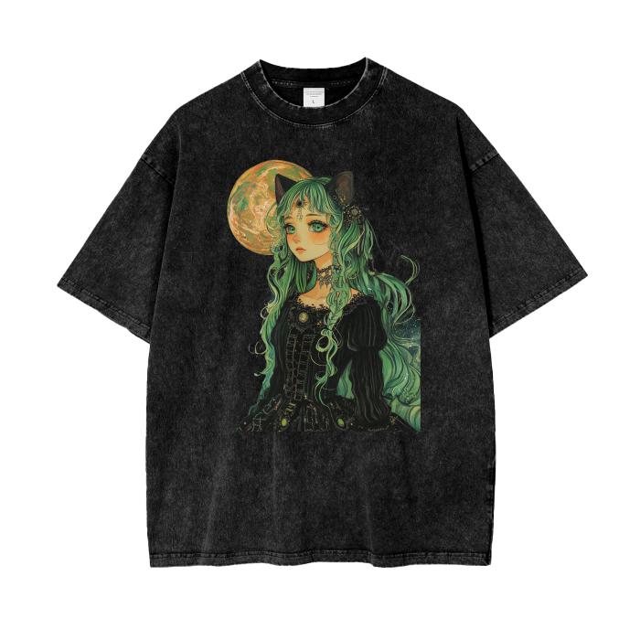 Emerald Mint Gothic Anime Cat Ear Yokai Witch Lady Full Moon Lit Night Boyfriend Fit Grunge Punk Y2K Pastel Goth Acid Wash Oversize T-Shirt
