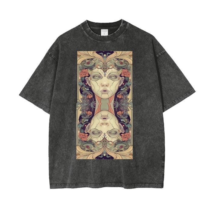 Anime Mirrored Renassiance Hypnotic Reflection Acid Wash Oversize T-Shirt - 250 GSM