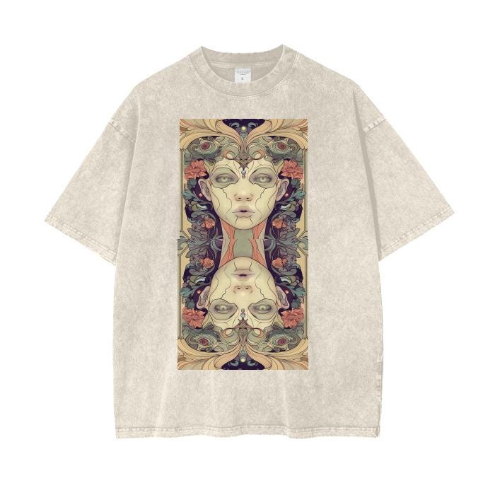 Anime Mirrored Renassiance Hypnotic Reflection Acid Wash Oversize T-Shirt - 250 GSM
