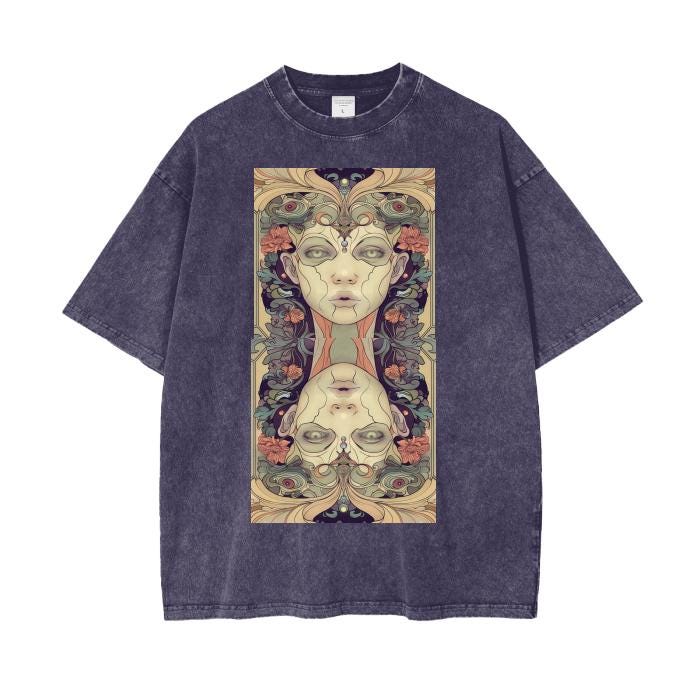 Anime Mirrored Renassiance Hypnotic Reflection Acid Wash Oversize T-Shirt - 250 GSM