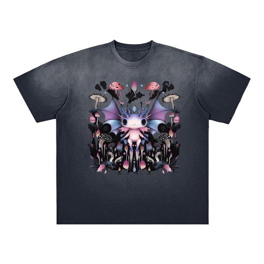 Vintage Axolotl Fly Symmetrical Woodland Wide Eye  Goth Punk Drip Vintage Grunge Distressed Boyfriend Fit Washed Shoulder & Body White Gradi