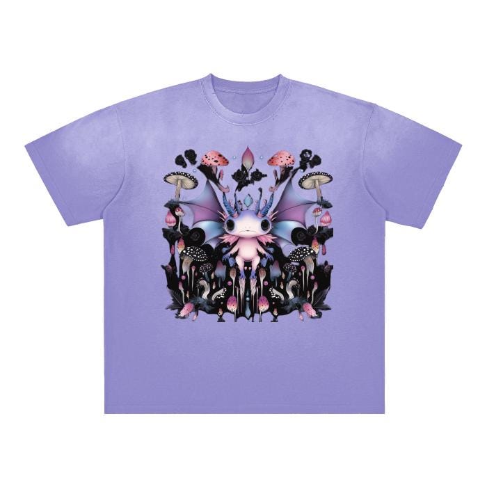 Vintage Axolotl Fly Symmetrical Woodland Wide Eye  Goth Punk Drip Vintage Grunge Distressed Boyfriend Fit Washed Shoulder & Body White Gradi