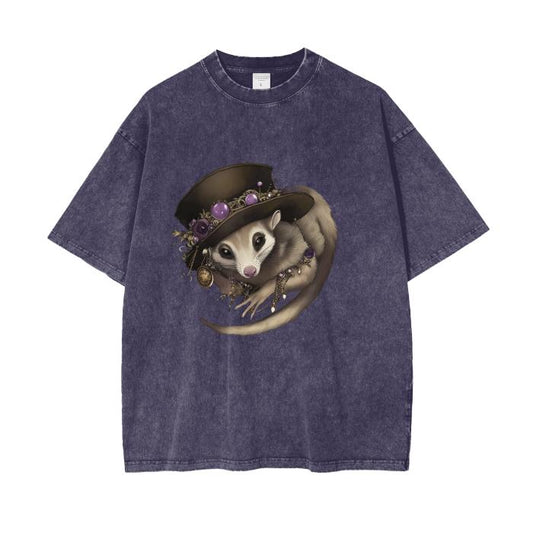 Opossum Tarot Top Hat Gypsy Seer Boyfriend Fit Acid Wash Oversize T-Shirt - 250 GSM