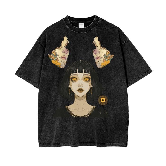 Rustic Anime Retro Nouveau Witches Horror Mask Premonition Grunge Punk Brutalism Boyfriend Fit Acid Wash Oversize T-Shirt - 250 GSM