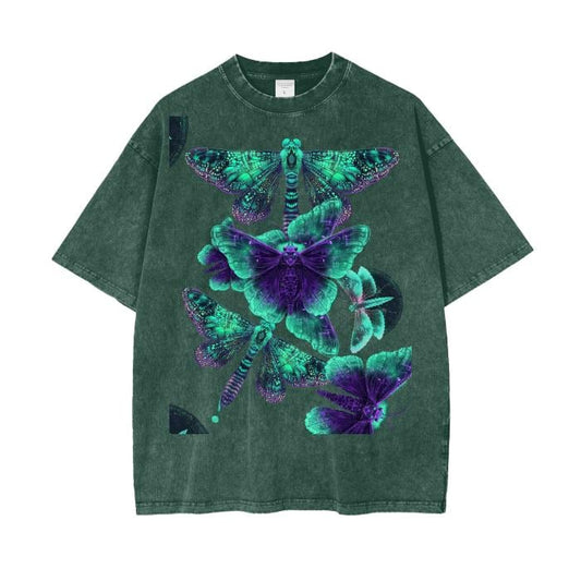 DragonFly Spectral Glow UV Swarm Overlay Woodland Cottagecore Sky Festival Grunge Acid Wash Oversize T-Shirt - 250 GSM
