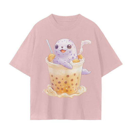 Pastel Chibi Baby Anime Spotted Seal Boba Tea Pumpkin Spice Fall Latte Matte Unisex Seamless T-Shirt - 230 GSM