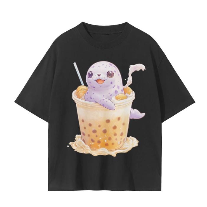 Pastel Chibi Baby Anime Spotted Seal Boba Tea Pumpkin Spice Fall Latte Matte Unisex Seamless T-Shirt - 230 GSM