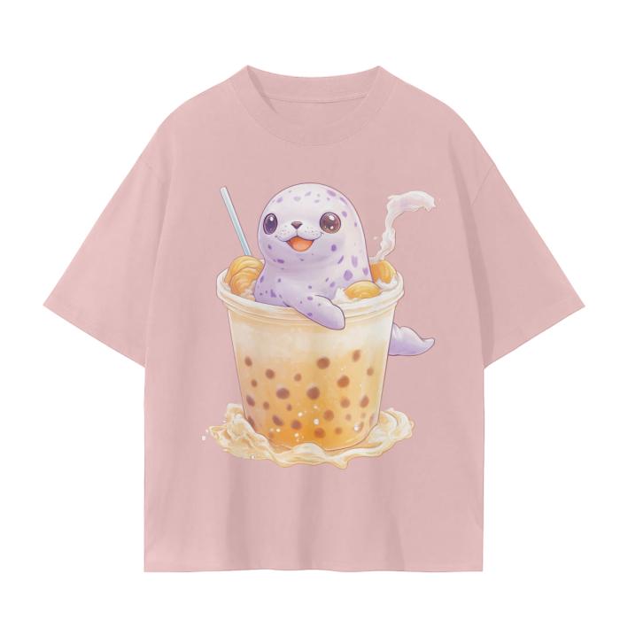 Pastel Chibi Baby Anime Spotted Seal Boba Tea Pumpkin Spice Fall Latte Matte Unisex Seamless T-Shirt - 230 GSM