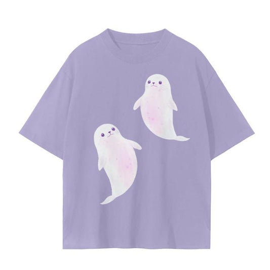 White Anime baby Harp Seal Chibi Ghost Float Dance Pastel Core Matte Unisex Seamless T-Shirt - 230 GSM