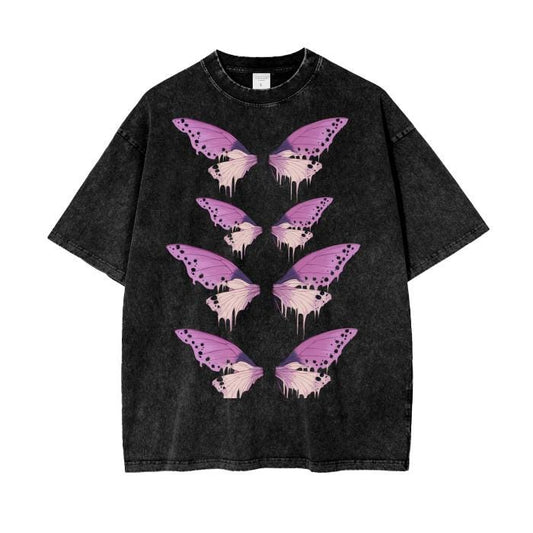 Pink UV pastel Lilac Butterfly Rip Wing Drip Grunge Goth Pastel Cottagecore StreetwearAcid Wash Oversize T-Shirt - 250 GSM