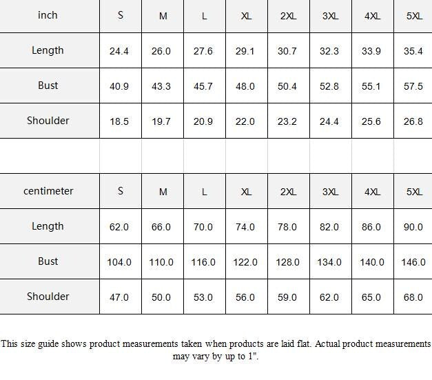 Size chart for hoodie blanket showing length, bust and shoulder measurements in inches and centimeters for sizes S to 5XL.