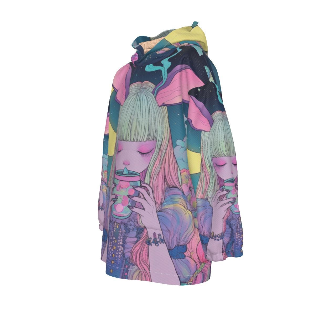 Angled view of pastel multicolor hoodie blanket featuring bunny and boba tea print and UV reactive sherpa fleece for festival wear.