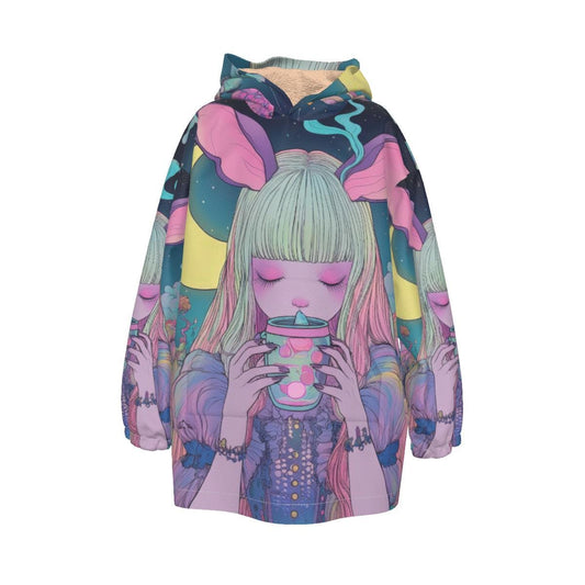 Pastel multicolor hoodie blanket featuring bunny and boba tea print, UV reactive sherpa fleece for cozy festival wear.