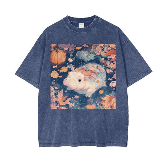 Swimming Anime Chibi Pastel Moo Deng Baby Pygmy Hippo of Fall Pumpkin Leaves Cottagecore Goblincore Grunge Punk Acid Wash Oversize T-Shirt -
