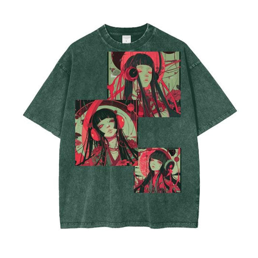 Goth Rave PInk Magenta Light Anime Girl DJ Grunge Punk Pastel Goth Boyfriend Fit Acid Wash Oversize T-Shirt - 250 GSM
