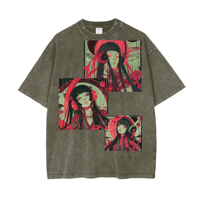 Goth Rave PInk Magenta Light Anime Girl DJ Grunge Punk Pastel Goth Boyfriend Fit Acid Wash Oversize T-Shirt - 250 GSM