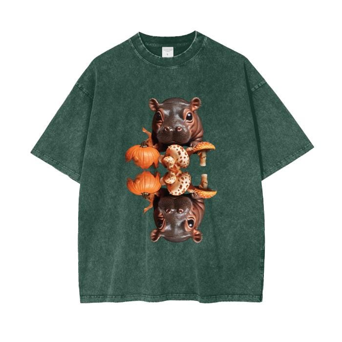 Baby Pygmy Hippo Apporaches Behind Fall Pumpkin Mushroom Reflection Lake Woods Boyfriend Fit Streetwear Grunge Punk Acid Wash Oversize T-Shi