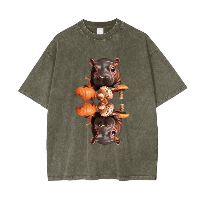 Baby Pygmy Hippo Apporaches Behind Fall Pumpkin Mushroom Reflection Lake Woods Boyfriend Fit Streetwear Grunge Punk Acid Wash Oversize T-Shi