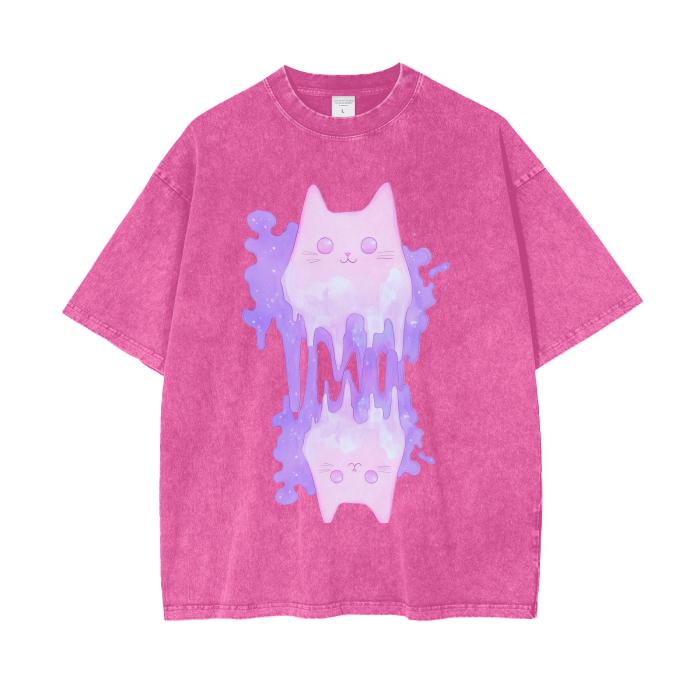 Pastel Purple Pink Cat Ghost Shimmer Glitter Slime Goo Drip Pastel Goth Ink Cloud Drip Boyfriend Fit Acid Wash Oversize T-Shirt - 250 GSM