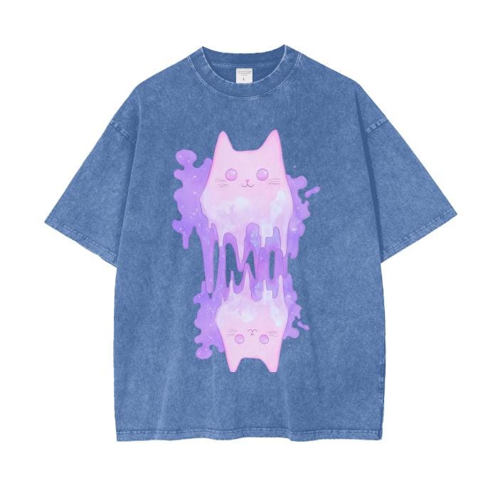 Pastel Purple Pink Cat Ghost Shimmer Glitter Slime Goo Drip Pastel Goth Ink Cloud Drip Boyfriend Fit Acid Wash Oversize T-Shirt - 250 GSM