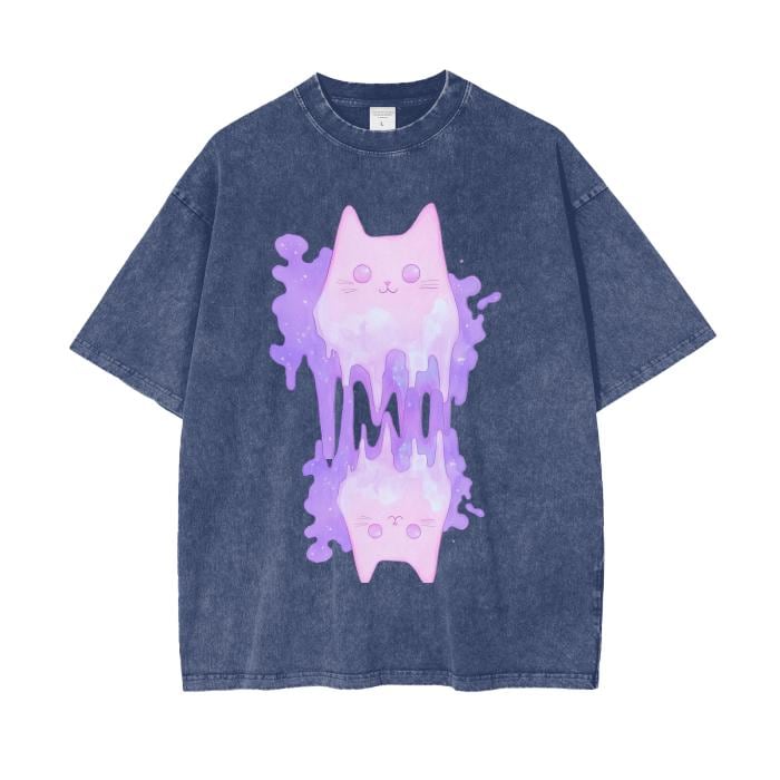Pastel Purple Pink Cat Ghost Shimmer Glitter Slime Goo Drip Pastel Goth Ink Cloud Drip Boyfriend Fit Acid Wash Oversize T-Shirt - 250 GSM