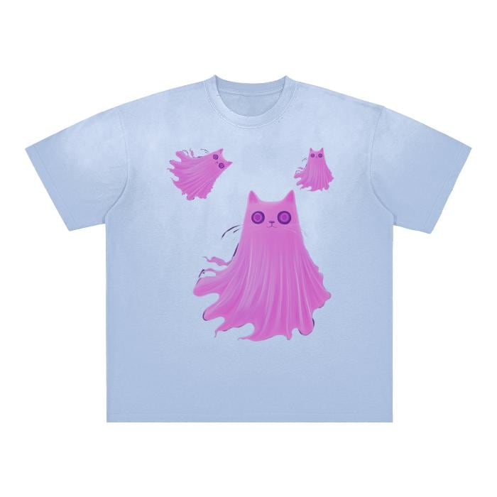 Pastel UV Neon Pink Floating Foggy Cat Ghost Grunge Punk Goth Halloween Rave Boyfriend FIt Vintage Washed Shoulder & Body White Gradient on