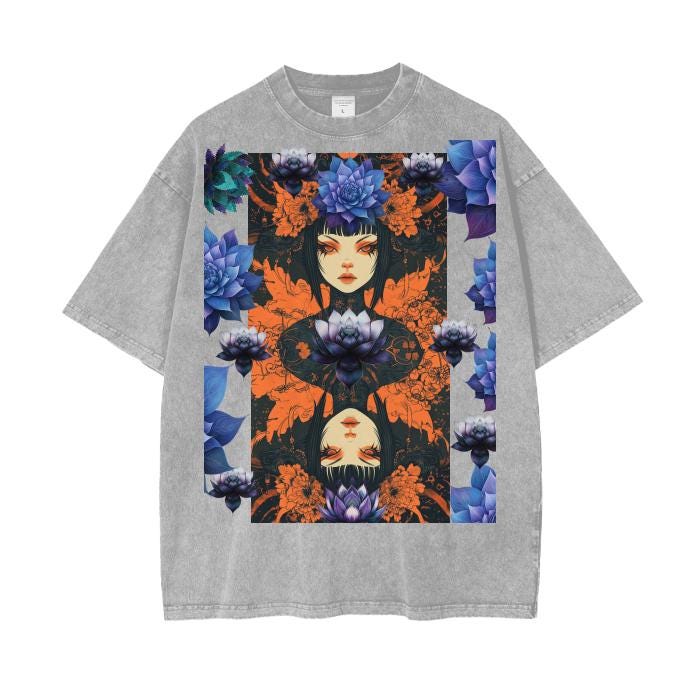 Asian Anime Rustic Grunge Blue Lotus Floral Reflective Psychedelia Horror Smoke Goddess Boyfriend Fit Punk Goth Acid Wash Oversize T-Shirt -