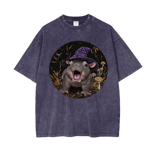 Witch Hat Cute Fall Moo Deng Baby Pygmy Hippo Calf in Pumpkin and Leaves Grunge Punk Goth Cottagecore Boyfriend Fit Acid Wash Over