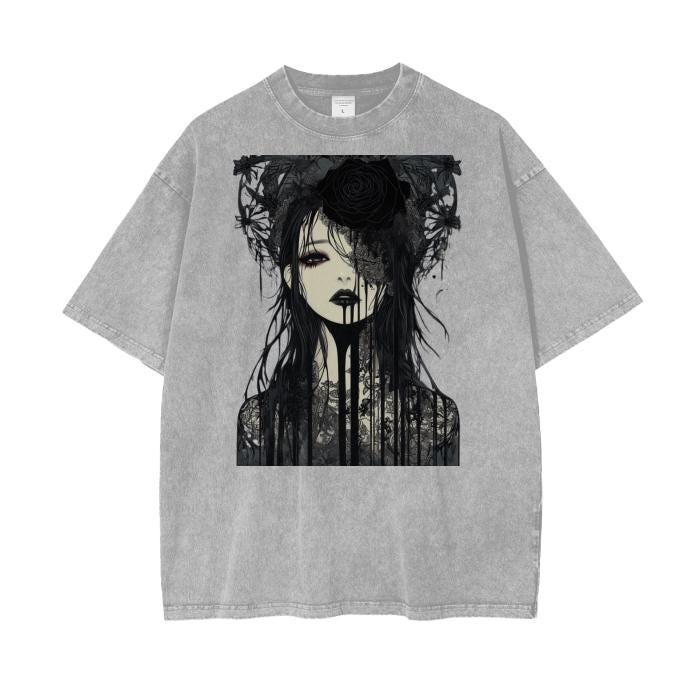 Dark Gothic Anime AcidWash Tee  Rose Drip Graphic Oversized Unisex TShirt