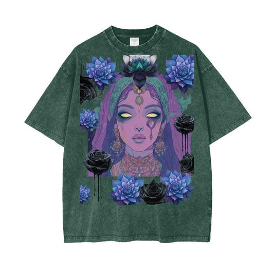Eastern Pastel Purple Tarot Ghost Psychic Nouveau Sari Indian Lotus Rose Ink Drip Goth Grunge Boyfriend Fit Acid Wash Oversize T-Shirt - 250