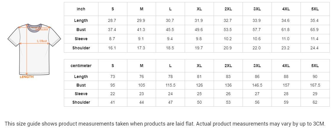 Size chart for multicolor all-over print V-neck tee with measurements in inches and centimeters.