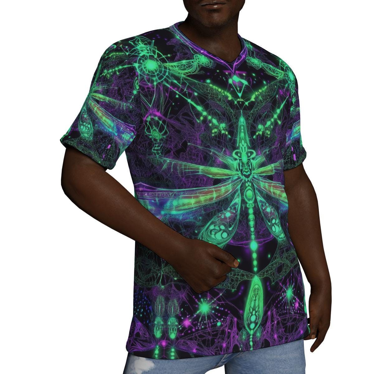 Multicolor psychedelic V-neck tee side view with all-over print, breathable poly-spandex jersey ideal for festival wear.