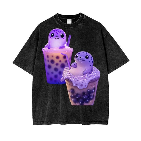 Pastel Boba Tea Latte Purple Pastel UV Spotted Taro Seal Streetwear Fit Acid Wash Oversize T-Shirt - 250 GSM