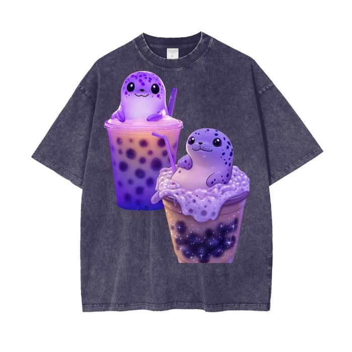 Pastel Boba Tea Latte Purple Pastel UV Spotted Taro Seal Streetwear Fit Acid Wash Oversize T-Shirt - 250 GSM