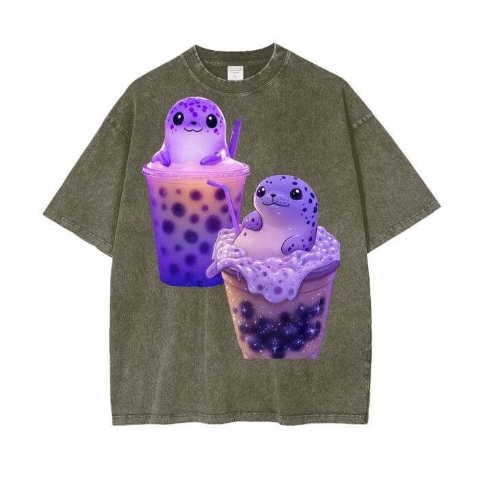 Pastel Boba Tea Latte Purple Pastel UV Spotted Taro Seal Streetwear Fit Acid Wash Oversize T-Shirt - 250 GSM