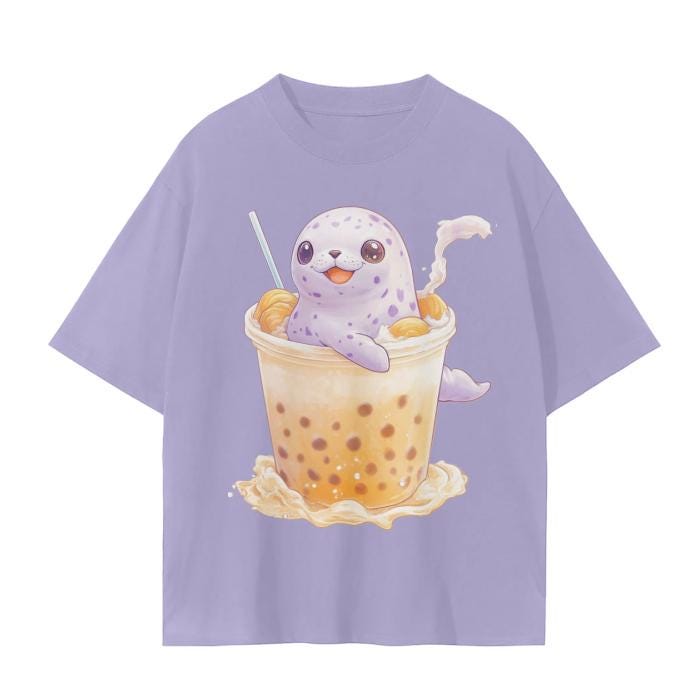 Pastel Chibi Baby Anime Spotted Seal Boba Tea Pumpkin Spice Fall Latte Matte Unisex Seamless T-Shirt - 230 GSM