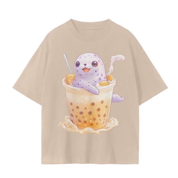 Pastel Chibi Baby Anime Spotted Seal Boba Tea Pumpkin Spice Fall Latte Matte Unisex Seamless T-Shirt - 230 GSM