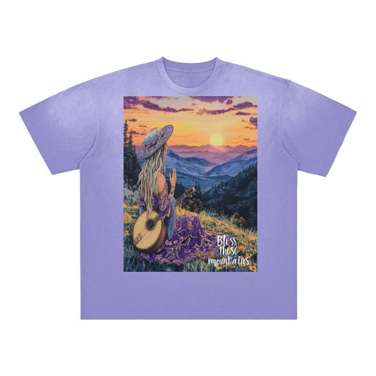 Lavender Lady Hat Mountain Sunset Benefit Helene Bless these mountains Sunset Banjo Boho Rustic Lilac Drop Shoulder T-Shirt - 300 GSM Vintag