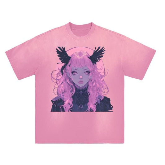 Pink Pastel Goth Anime Bat Wing Full Moon Witch Goddess Goth Monkey Washed Distressed Boyfriend Fit Drop Shoulder Crew Neck T-Shirt - 270 GS