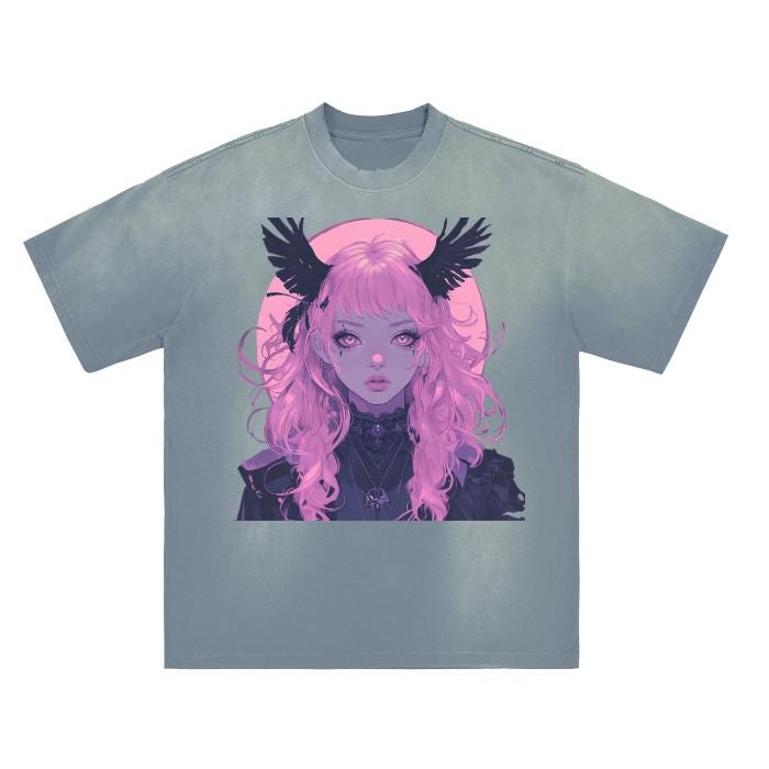 Pink Pastel Goth Anime Bat Wing Full Moon Witch Goddess Goth Monkey Washed Distressed Boyfriend Fit Drop Shoulder Crew Neck T-Shirt - 270 GS