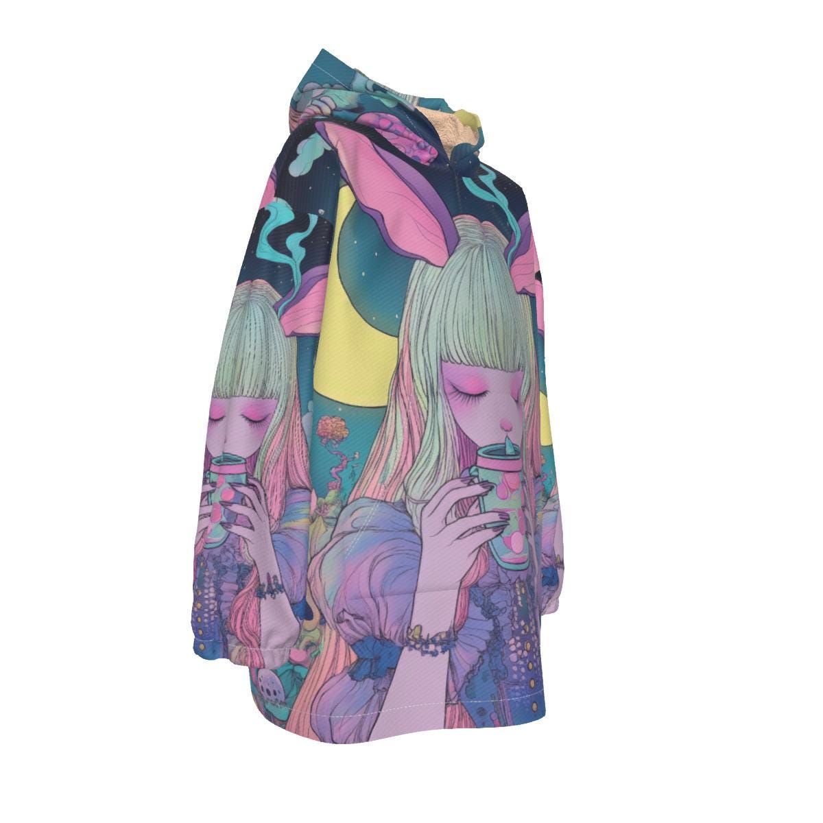 Side view of pastel multicolor hoodie blanket with bunny and boba tea print and UV reactive sherpa fleece for festival wear.