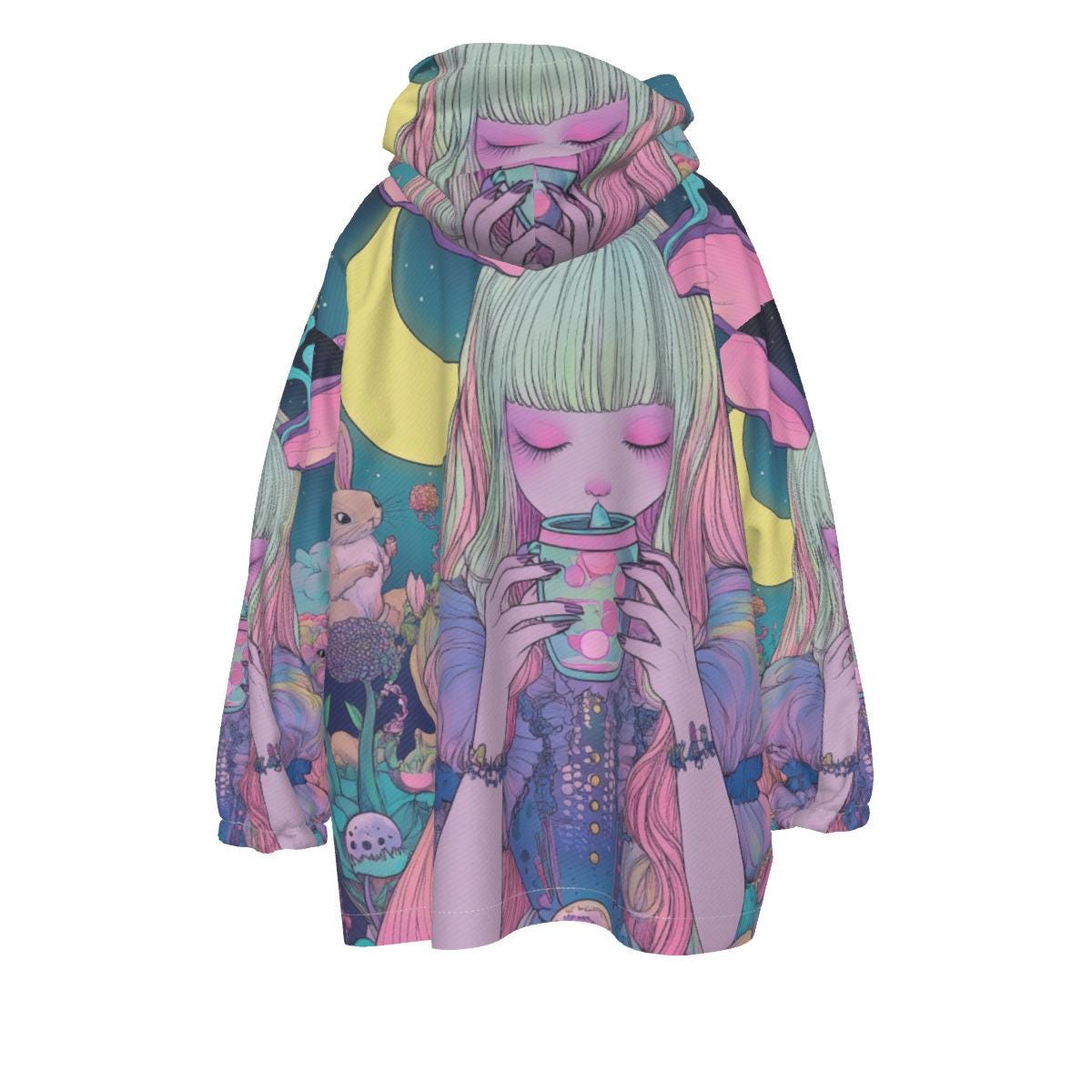 Front view of pastel multicolor hoodie blanket with bunny and boba tea print, featuring UV reactive sherpa fleece for festival wear.