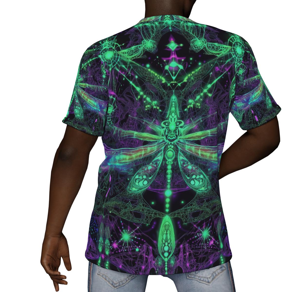 Multicolor all-over print V-neck tee back view made from breathable poly-spandex jersey, perfect for festival wear.
