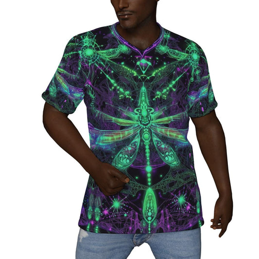 Multicolor psychedelic V-neck tee featuring all-over print for festival rave wear