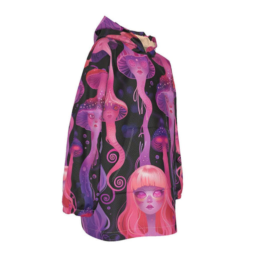 Colorful hoodie with mushroom and character design on a white background