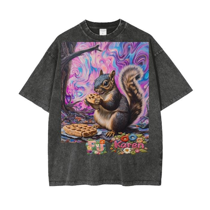 Purple Psychedelic Waffle Squirrel F Karen 4 Sean Psy Festival EDM Acid Wash Oversize T-Shirt - 250 GSM