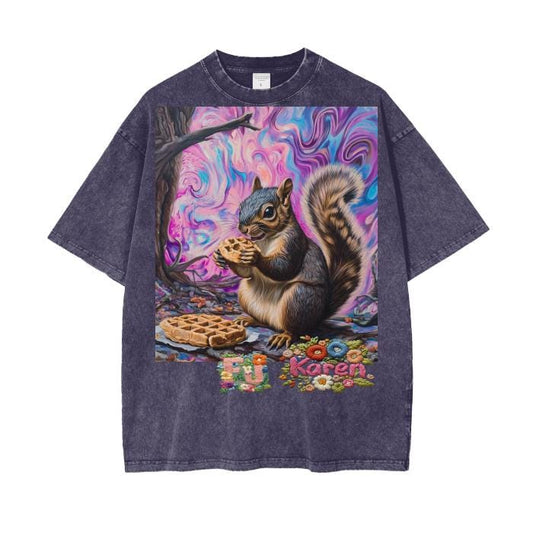 Purple Psychedelic Waffle Squirrel F Karen 4 Sean Psy Festival EDM Acid Wash Oversize T-Shirt - 250 GSM