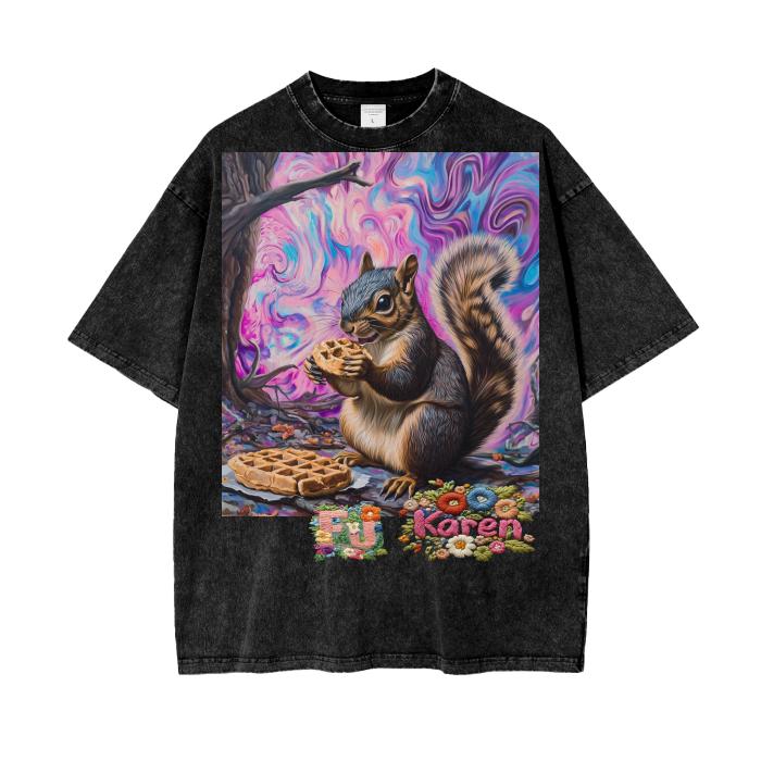 Purple Psychedelic Waffle Squirrel F Karen 4 Sean Psy Festival EDM Acid Wash Oversize T-Shirt - 250 GSM