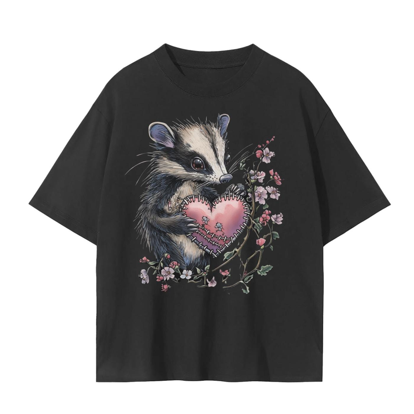 Opossum Stitched Grunge Heart with Cherry Blossoms V Day Unisex Seamless T-Shirt - 230 GSM