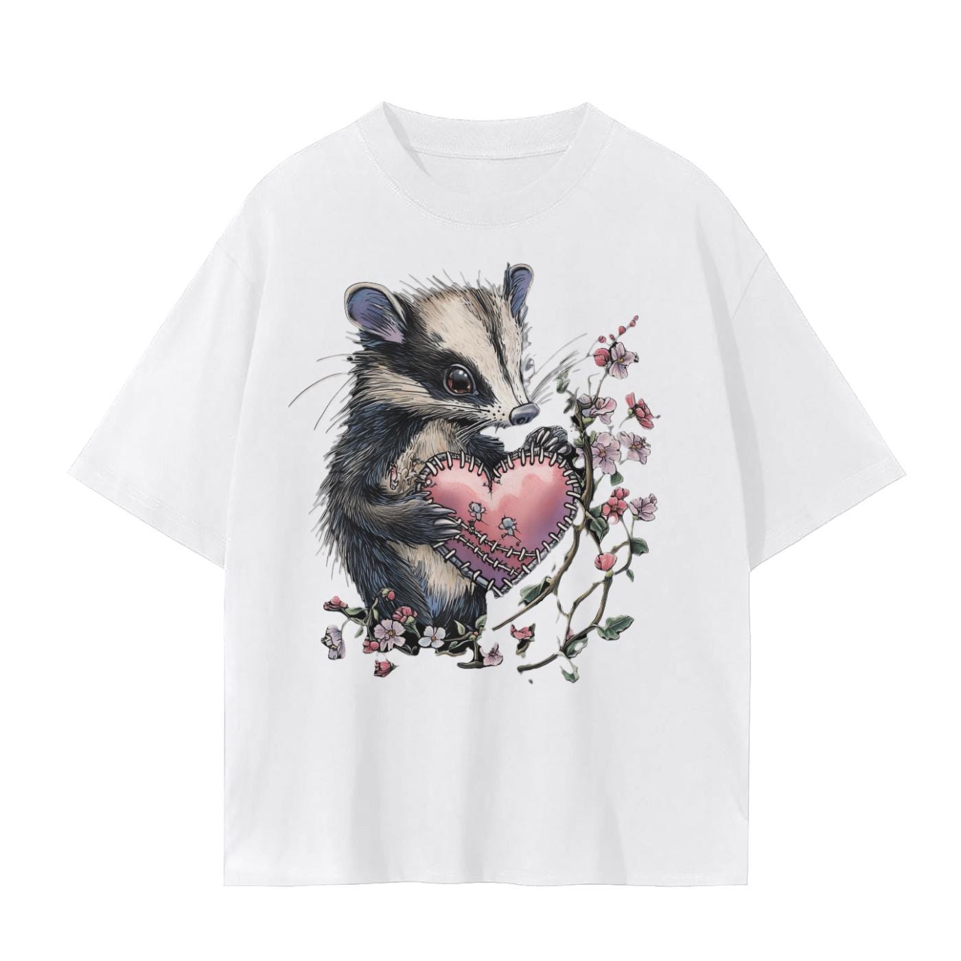 Opossum Stitched Grunge Heart with Cherry Blossoms V Day Unisex Seamless T-Shirt - 230 GSM